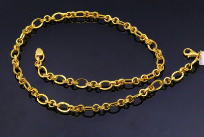 22K yellow gold handmade dot link chain necklace with antique Indian style, unisex traditional jewelry, hallmarked 916 by Tribal Ornaments.