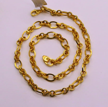 Handmade 22K yellow gold dot link chain necklace with antique Indian style, unisex traditional jewelry, hallmarked 916 by Tribal Ornaments.
