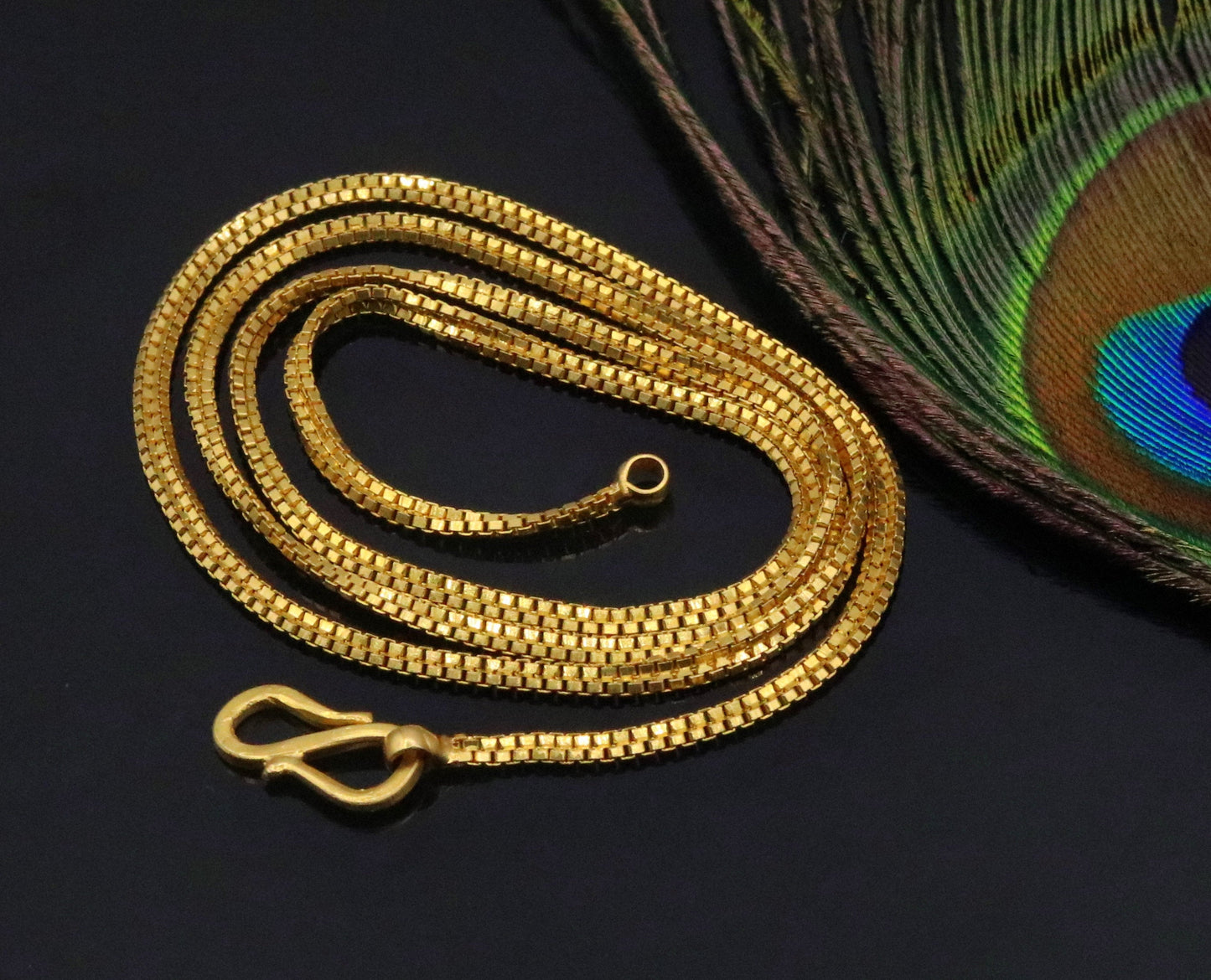 22K yellow gold handmade double box chain necklace, solid vintage Indian unisex jewelry by TRIBAL ORNAMENTS.