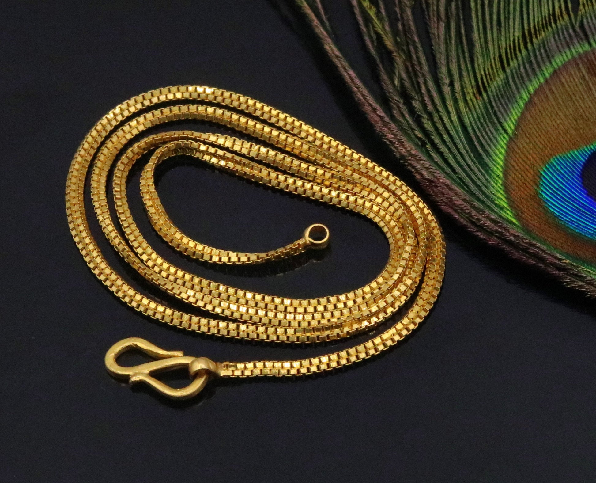 22K yellow gold handmade double box chain necklace, solid vintage Indian unisex jewelry by TRIBAL ORNAMENTS.