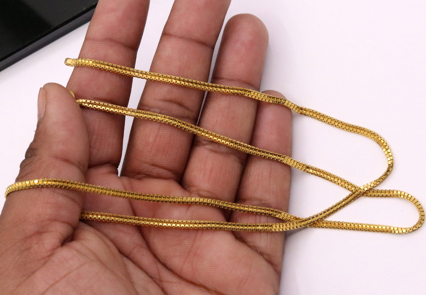 22K yellow gold handmade double box chain necklace by TRIBAL ORNAMENTS, vintage solid unisex Indian jewelry.