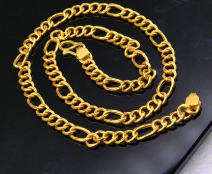 22K yellow gold handmade Figaro link chain necklace by Tribal Ornaments, unisex, certified, stylish, royal design.