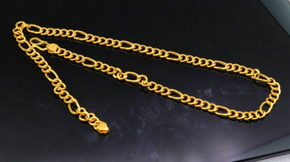 22K yellow gold handmade Figaro link chain necklace by TRIBAL ORNAMENTS, unisex, with a polished, stylish design.
