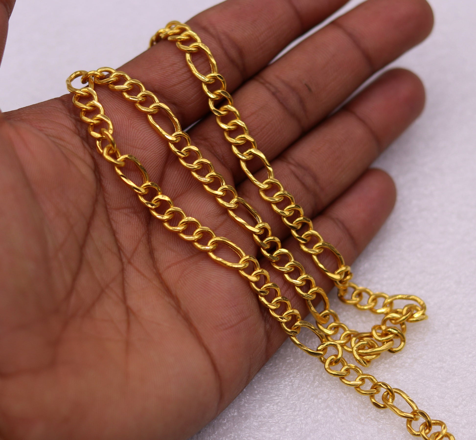 22K yellow gold handmade Figaro link chain necklace by Tribal Ornaments, stylish unisex design with certification.