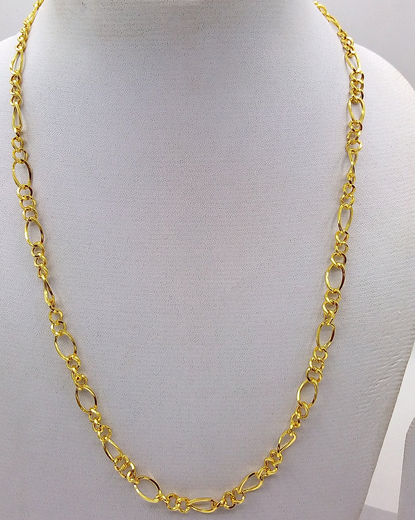 22K yellow gold handmade Figaro link chain necklace by TRIBAL ORNAMENTS, lightweight unisex design, hallmarked 916, royal Indian gift jewelry.