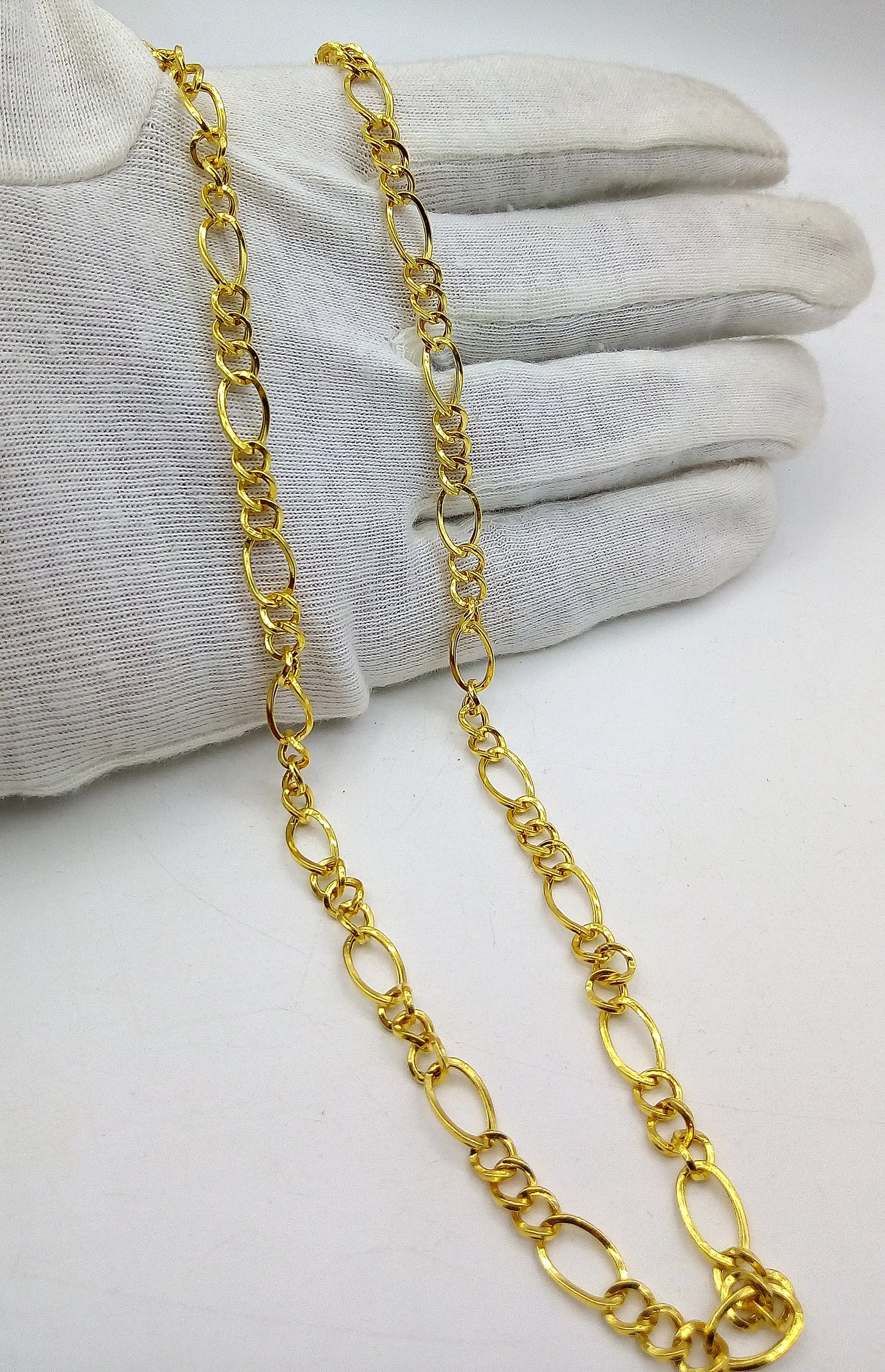 22K yellow gold handmade Figaro link chain necklace, lightweight unisex design, hallmarked 916, crafted by TRIBAL ORNAMENTS.