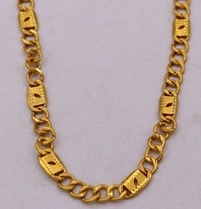 22K yellow gold handmade Figaro link chain necklace, unisex Nawabi style with 916 hallmark, adjustable 18-26 inches, by Tribal Ornaments.