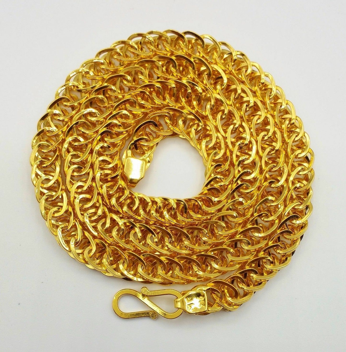 22K yellow gold handmade hollow link chain necklace, 8mm wide, 20-inch unisex jewelry from TRIBAL ORNAMENTS.