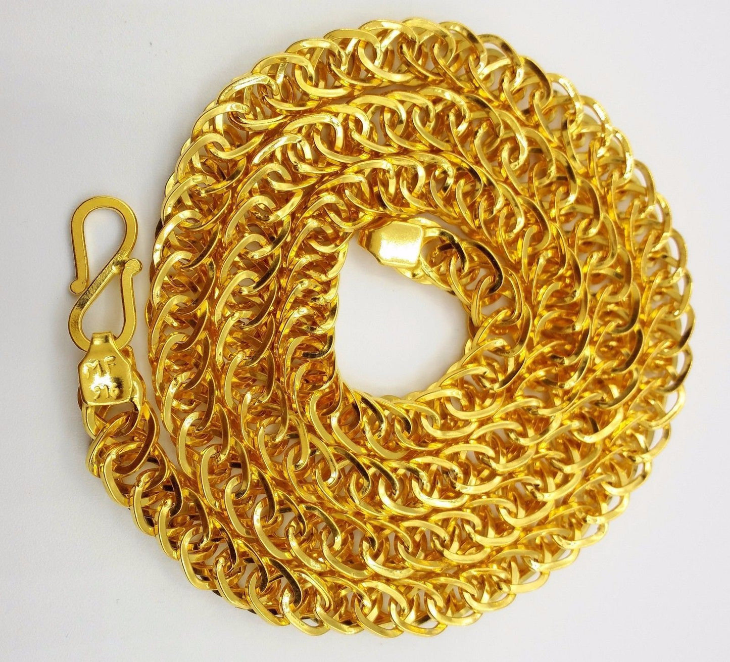 22K yellow gold handmade hollow link chain necklace, 8mm wide, 20-inch unisex jewelry from India by TRIBAL ORNAMENTS.