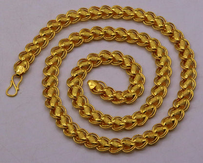 22K yellow gold handmade hollow lotus chain necklace, unisex, 18-26 inches, flexible and certified gold jewelry by TRIBAL ORNAMENTS.