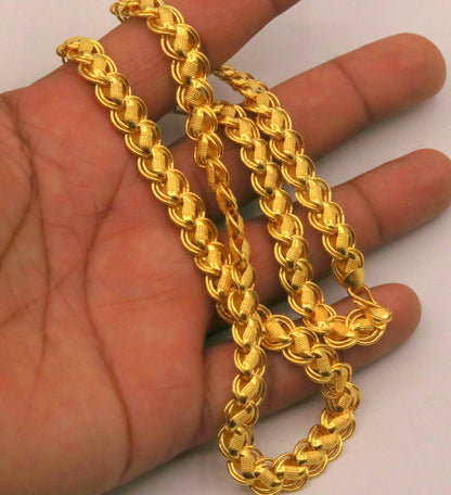 22K yellow gold handmade hollow lotus chain necklace, unisex, 18-26 inches, flexible gold chain by TRIBAL ORNAMENTS.