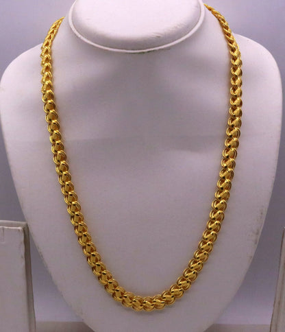 22K yellow gold handmade hollow lotus chain necklace by TRIBAL ORNAMENTS, unisex, flexible, 18-26 inches.