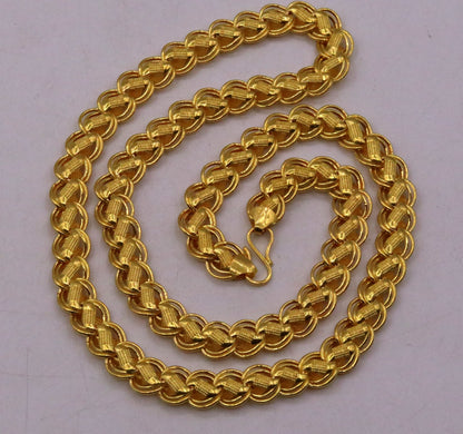 22K yellow gold handmade hollow lotus chain necklace by TRIBAL ORNAMENTS, unisex, 18-26 inches, flexible and certified.