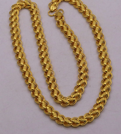 Handmade 22K yellow gold hollow lotus chain necklace by TRIBAL ORNAMENTS, unisex, flexible, 18–26 inches long.