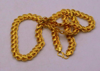 22K yellow gold handmade hollow lotus chain necklace by TRIBAL ORNAMENTS, unisex, 18-26 inches, flexible and certified gold jewelry.