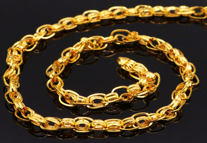 22K yellow gold handmade link chain necklace, 7.5mm wide, genuine solid gold, unisex luxury Indian jewelry by TRIBAL ORNAMENTS
