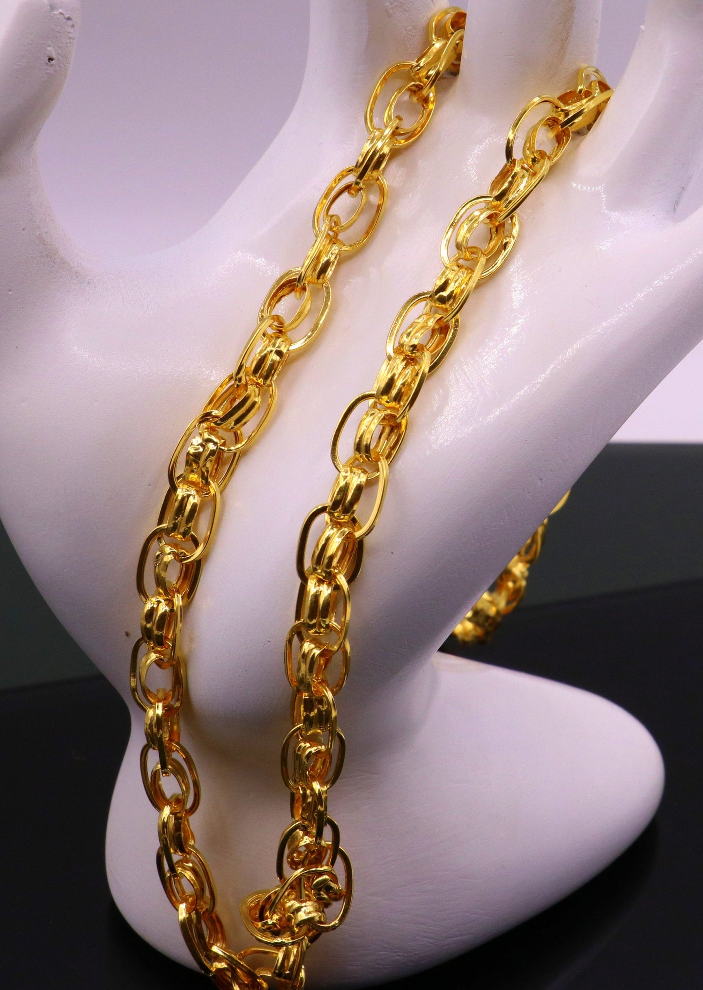 22K yellow gold handmade link chain necklace, 7.5mm wide, genuine solid gold, unisex luxury Indian jewelry by Tribal Ornaments.