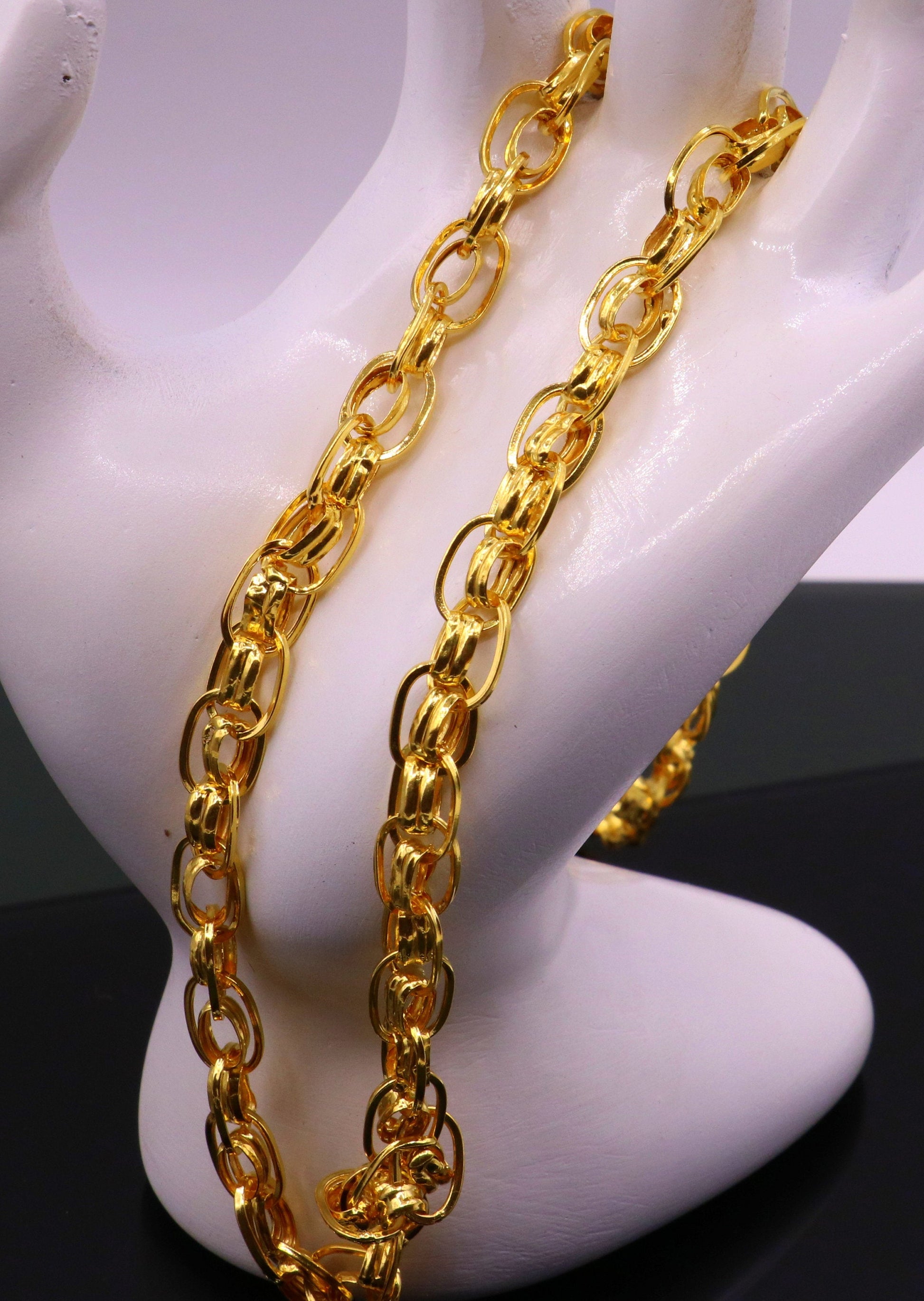 22K yellow gold handmade link chain necklace, 7.5mm wide, genuine solid gold, unisex luxury Indian jewelry by Tribal Ornaments.