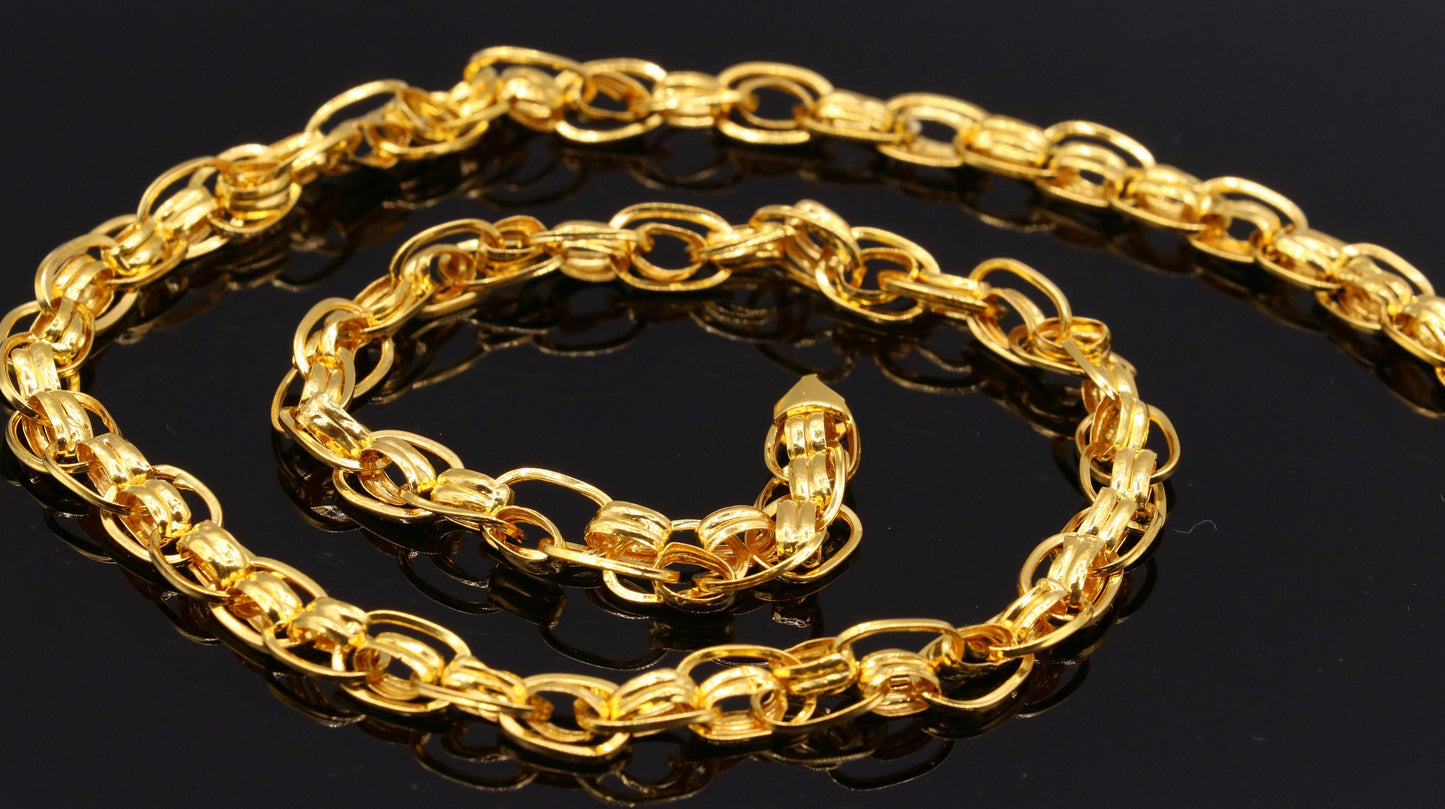 22K yellow gold handmade link chain necklace, 7.5mm wide, unisex genuine solid gold Indian jewelry by Tribal Ornaments.
