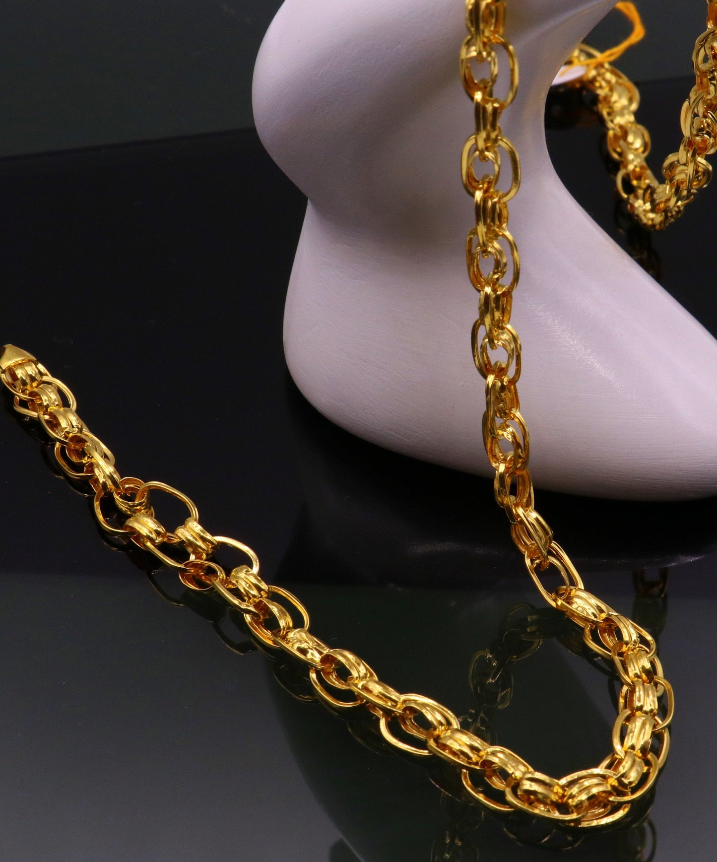 22K yellow gold handmade link chain necklace, 7.5mm wide, genuine solid gold unisex Indian jewelry by TRIBAL ORNAMENTS.