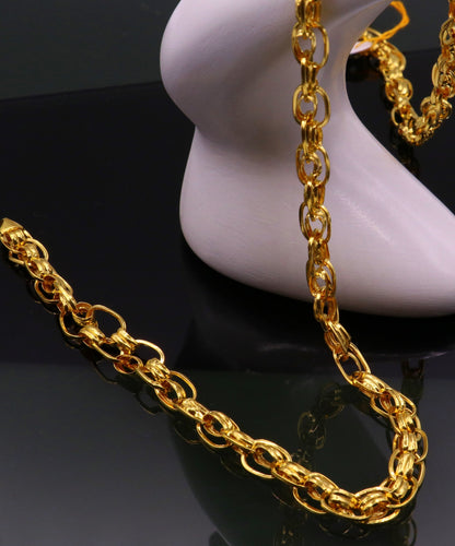 22K yellow gold handmade link chain necklace, 7.5mm wide, genuine solid gold unisex Indian jewelry by TRIBAL ORNAMENTS.