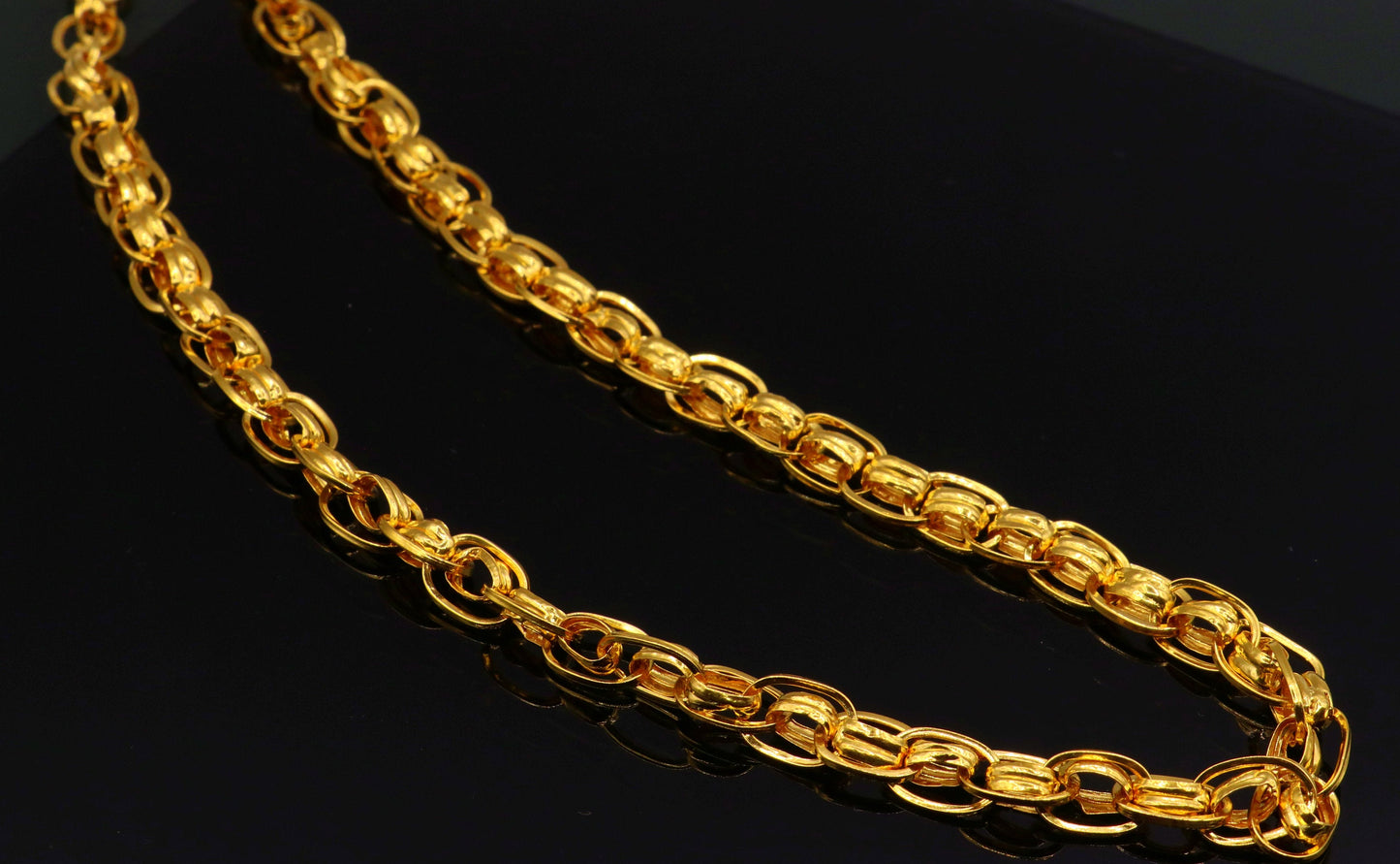 22K yellow gold handmade link chain necklace, 7.5mm wide, unisex solid gold jewelry with intricate Indian craftsmanship.