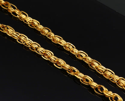 22K yellow gold handmade link chain necklace, 7.5mm wide, genuine solid gold, unisex Indian jewelry by Tribal Ornaments.