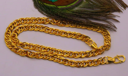 22K yellow gold handmade link chain necklace, 7mm solid unisex design with Rajasthan hallmarked authenticity by Tribal Ornaments.