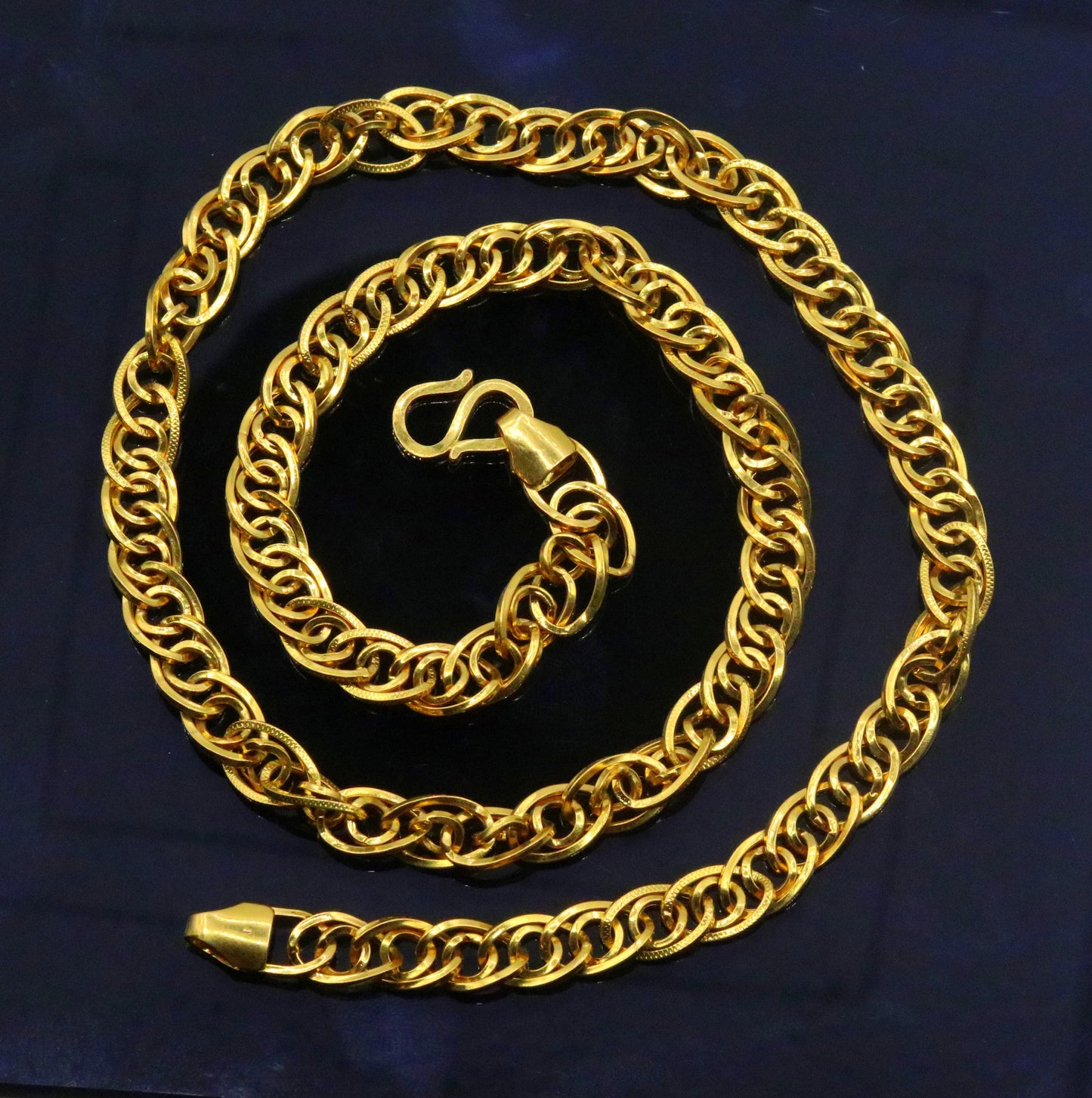 22K yellow gold handmade 7mm unisex link chain necklace, solid Rajasthan jewelry, hallmarked 916, authentic tribal design.