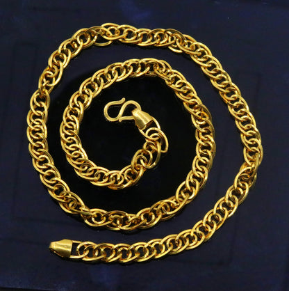 22K yellow gold handmade 7mm unisex link chain necklace, solid Rajasthan jewelry, hallmarked 916, authentic tribal design.