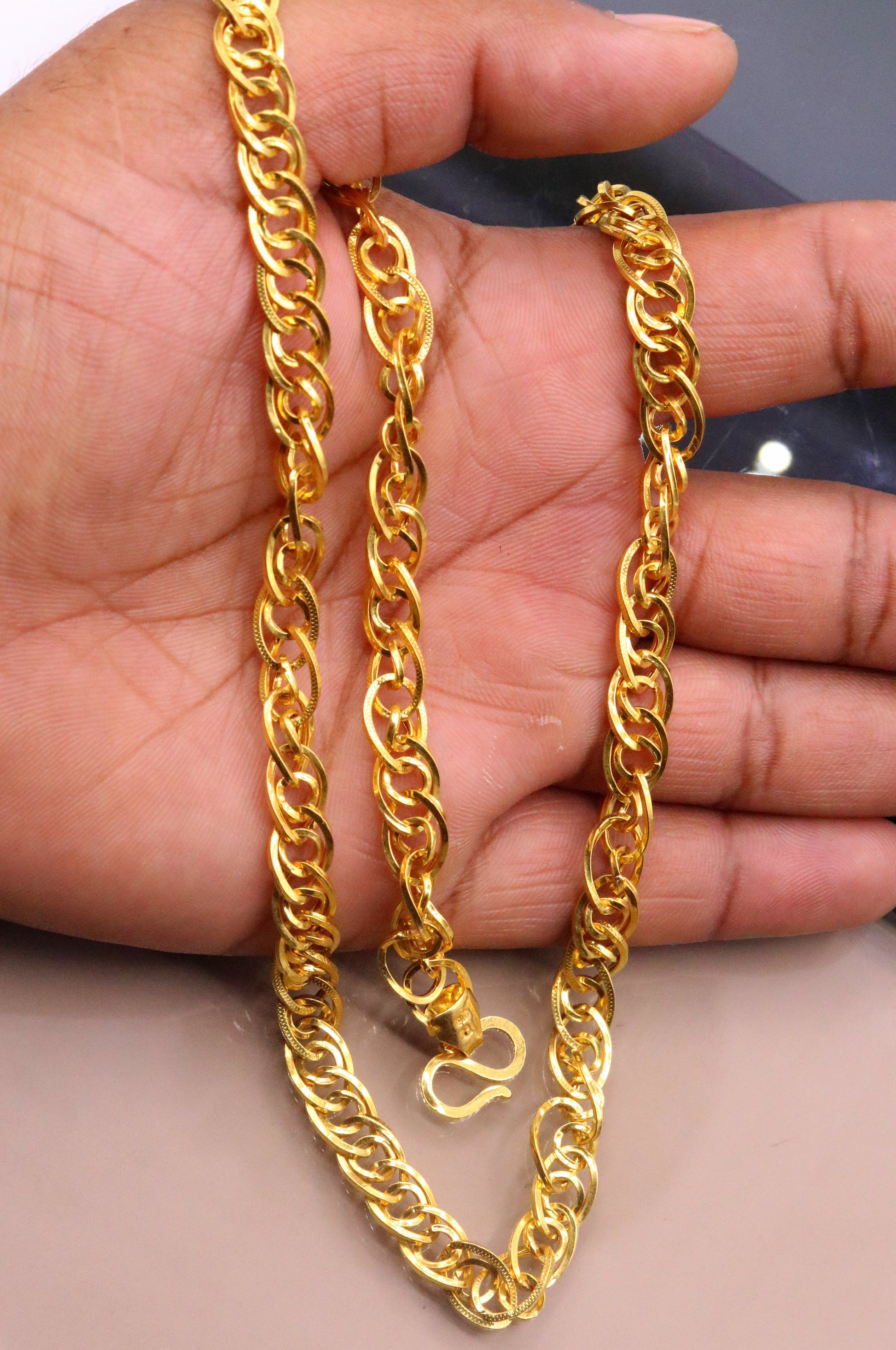 22K yellow gold handmade link chain necklace, 7mm solid unisex design, hallmarked Rajasthan jewelry by TRIBAL ORNAMENTS.