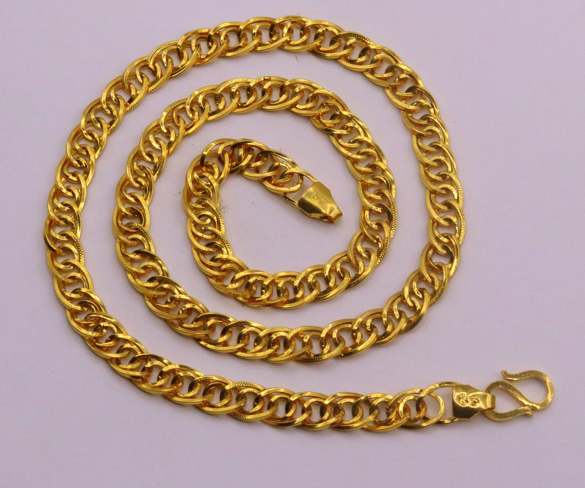 22K yellow gold handmade link chain necklace, 7mm solid unisex design, hallmarked Rajasthan jewelry by TRIBAL ORNAMENTS.