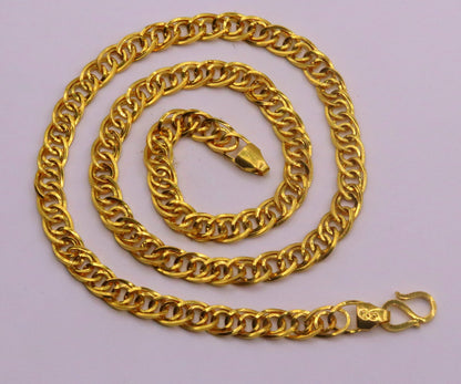 22K yellow gold handmade link chain necklace, 7mm solid unisex design, hallmarked Rajasthan jewelry by TRIBAL ORNAMENTS.