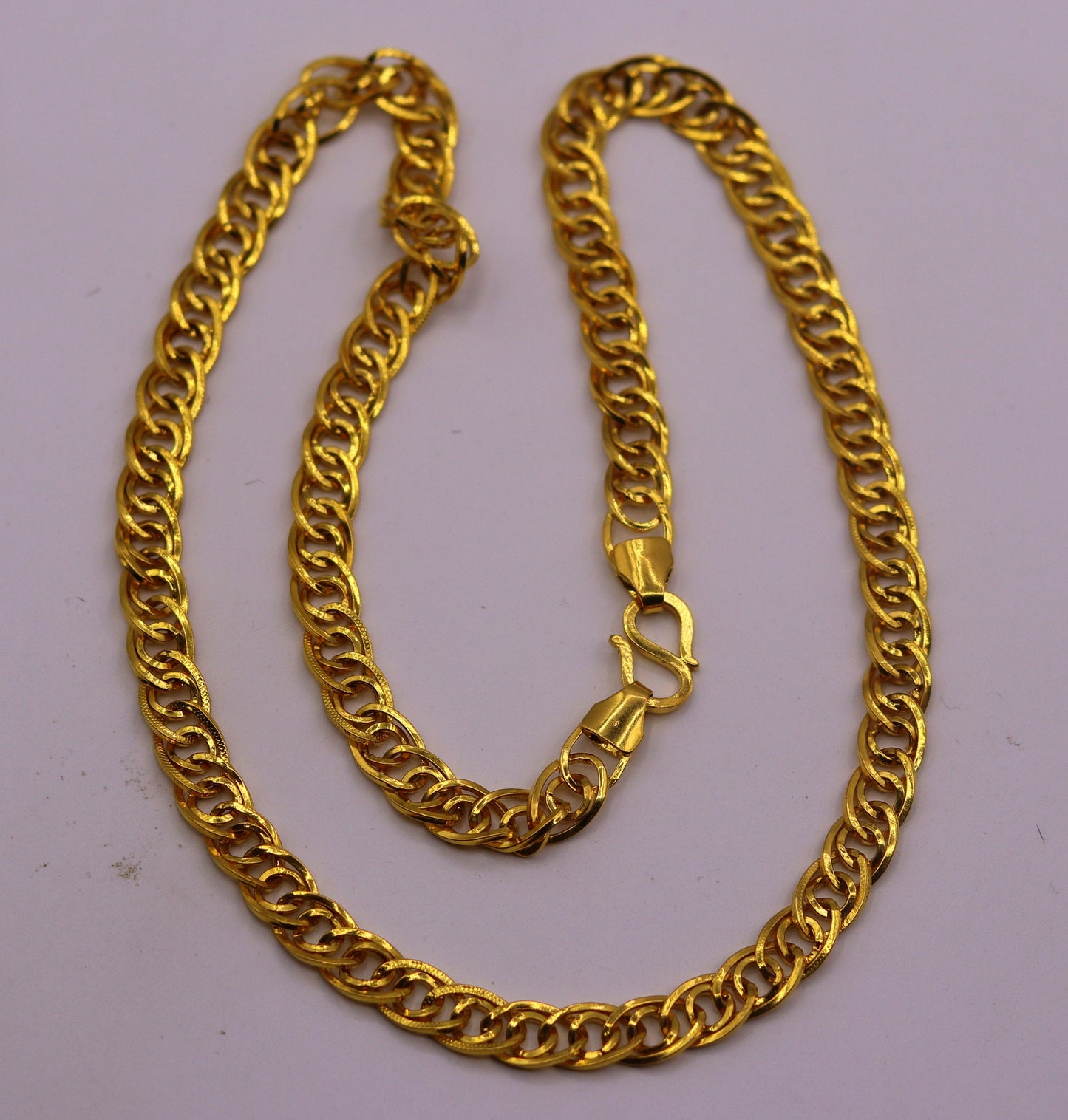 22K yellow gold handmade link chain necklace, 7mm solid unisex design, hallmarked Rajasthan jewelry by TRIBAL ORNAMENTS.
