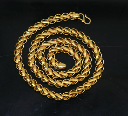 22K yellow gold handmade lotus chain necklace with custom length 18-24 inches, hallmarked men's jewelry for weddings and anniversaries.