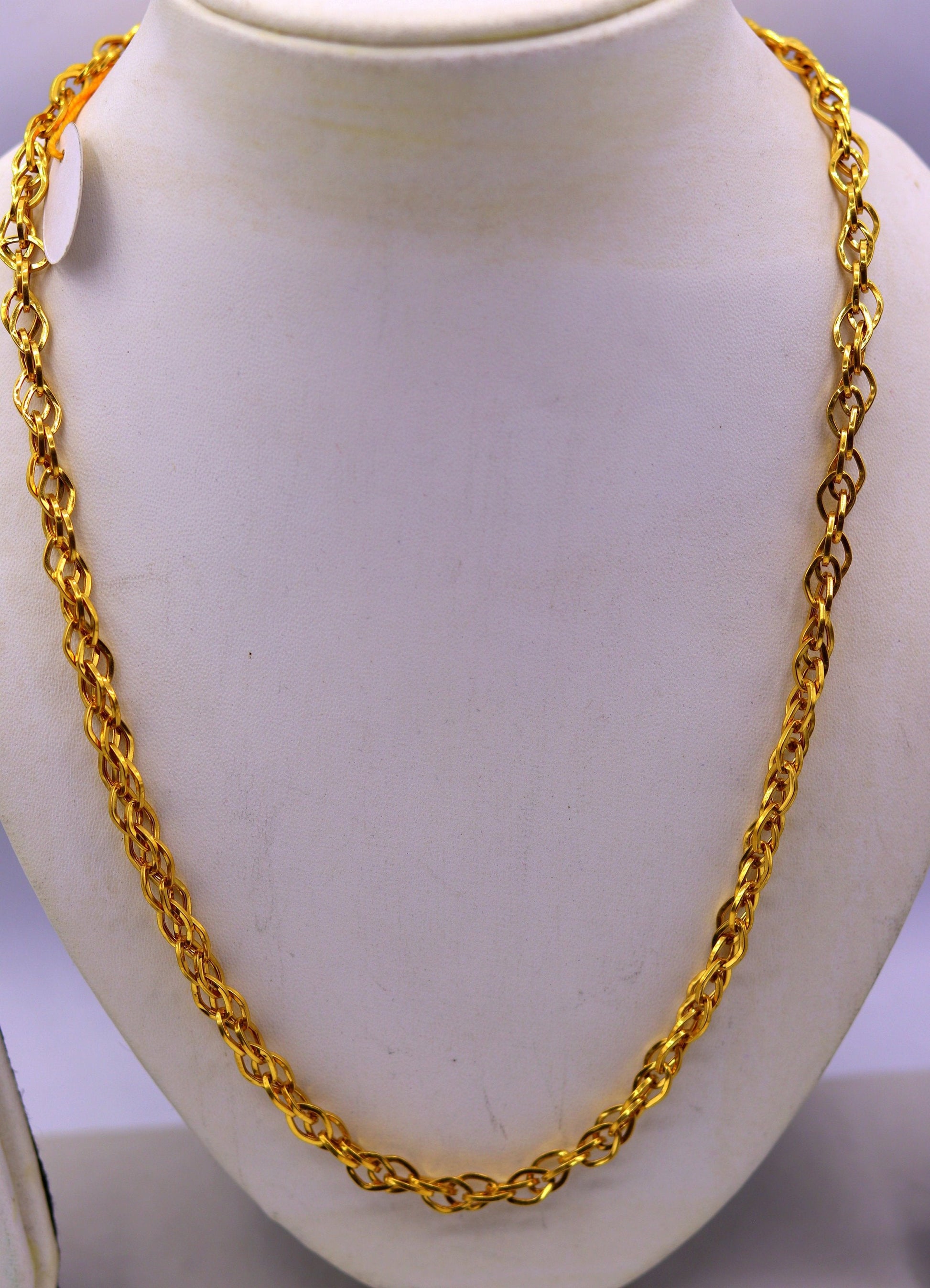 22K yellow gold handmade multi-link chain necklace by TRIBAL ORNAMENTS, unisex solid gold jewelry with intricate links.