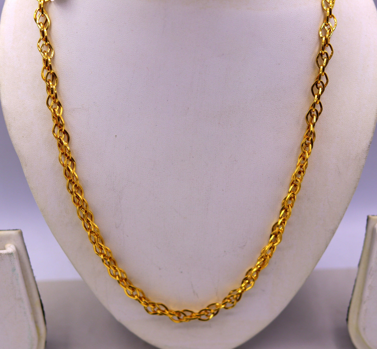 22K yellow gold handmade multi-link chain necklace by TRIBAL ORNAMENTS, unisex solid gold jewelry with intricate links.