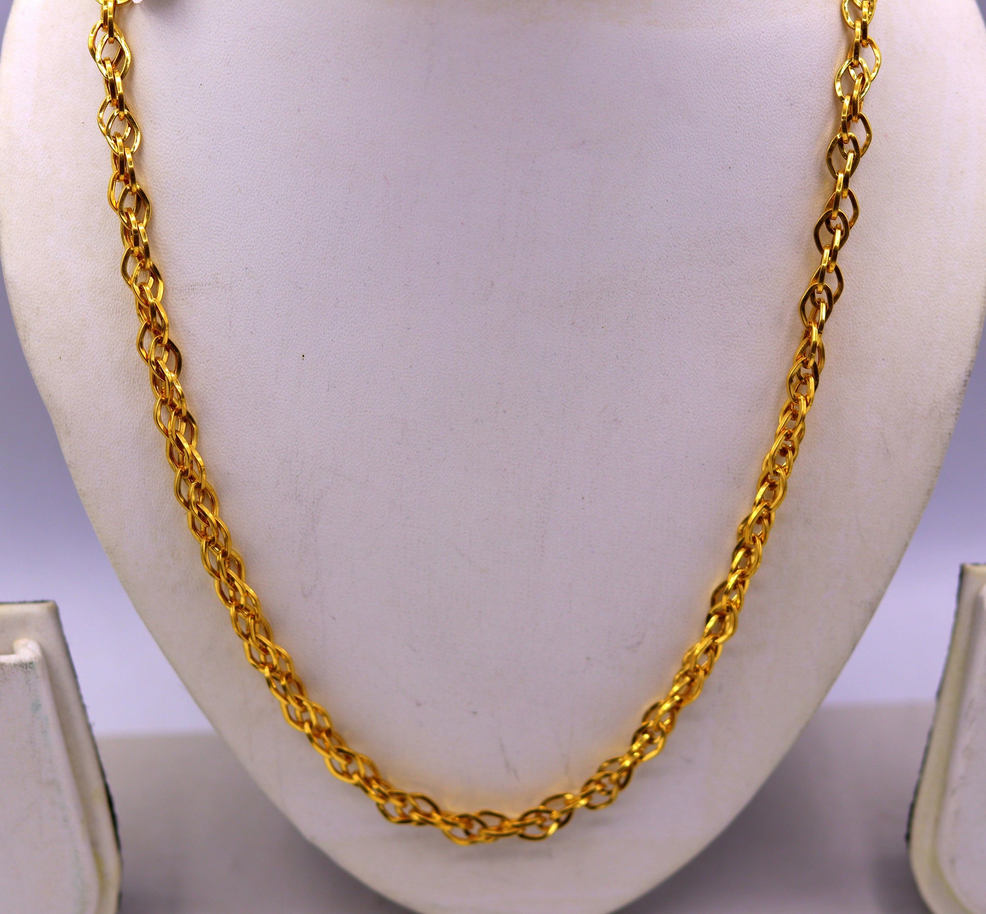 22K yellow gold handmade multi-link chain necklace by TRIBAL ORNAMENTS, unisex solid gold jewelry with intricate links.