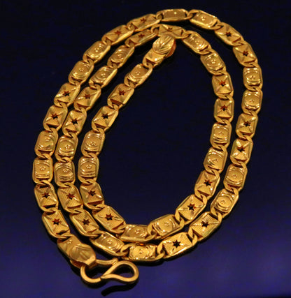 22K yellow gold handmade Nawabi chain with 5mm diamond-cut links, unisex royal necklace, hallmarked 916, adjustable 18-26 inches.