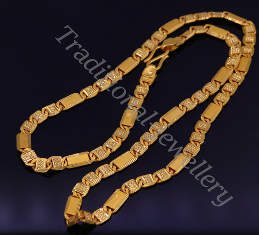 22K yellow gold handmade Nawabi chain necklace with diamond-cut 5.5mm links, unisex long Indian jewelry by TRIBAL ORNAMENTS.