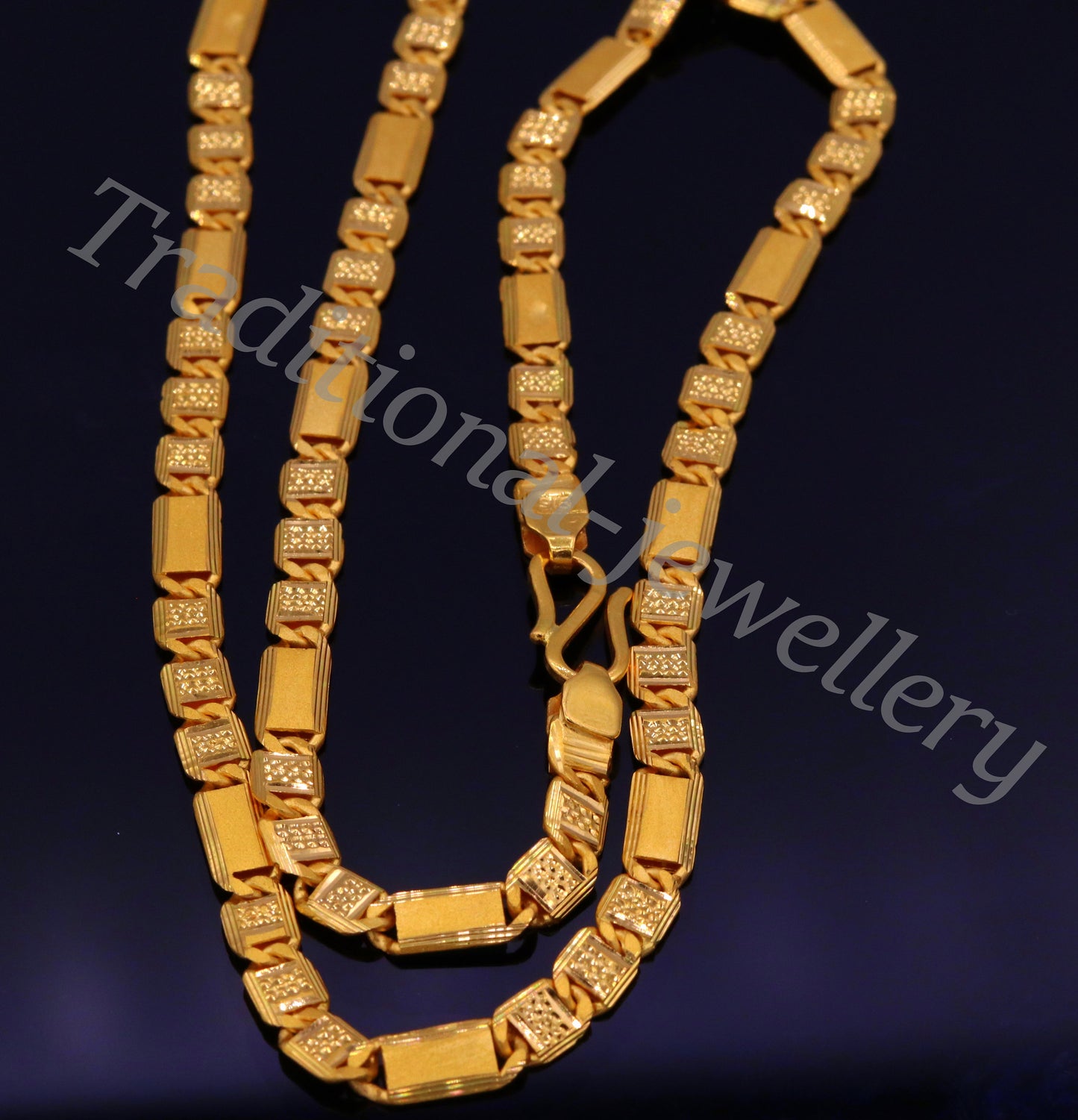22K yellow gold handmade Nawabi chain necklace with diamond-cut 5.5mm links, unisex long Indian jewelry by TRIBAL ORNAMENTS