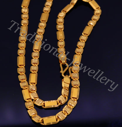 22K yellow gold handmade Nawabi chain necklace with diamond-cut 5.5mm links, unisex long Indian jewelry by TRIBAL ORNAMENTS