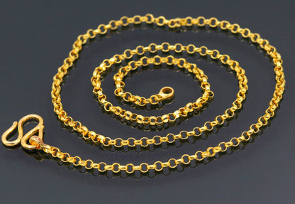 22K yellow gold handmade Rolo link chain necklace by Tribal Ornaments, solid gold with certified 916 hallmark and intricate design.