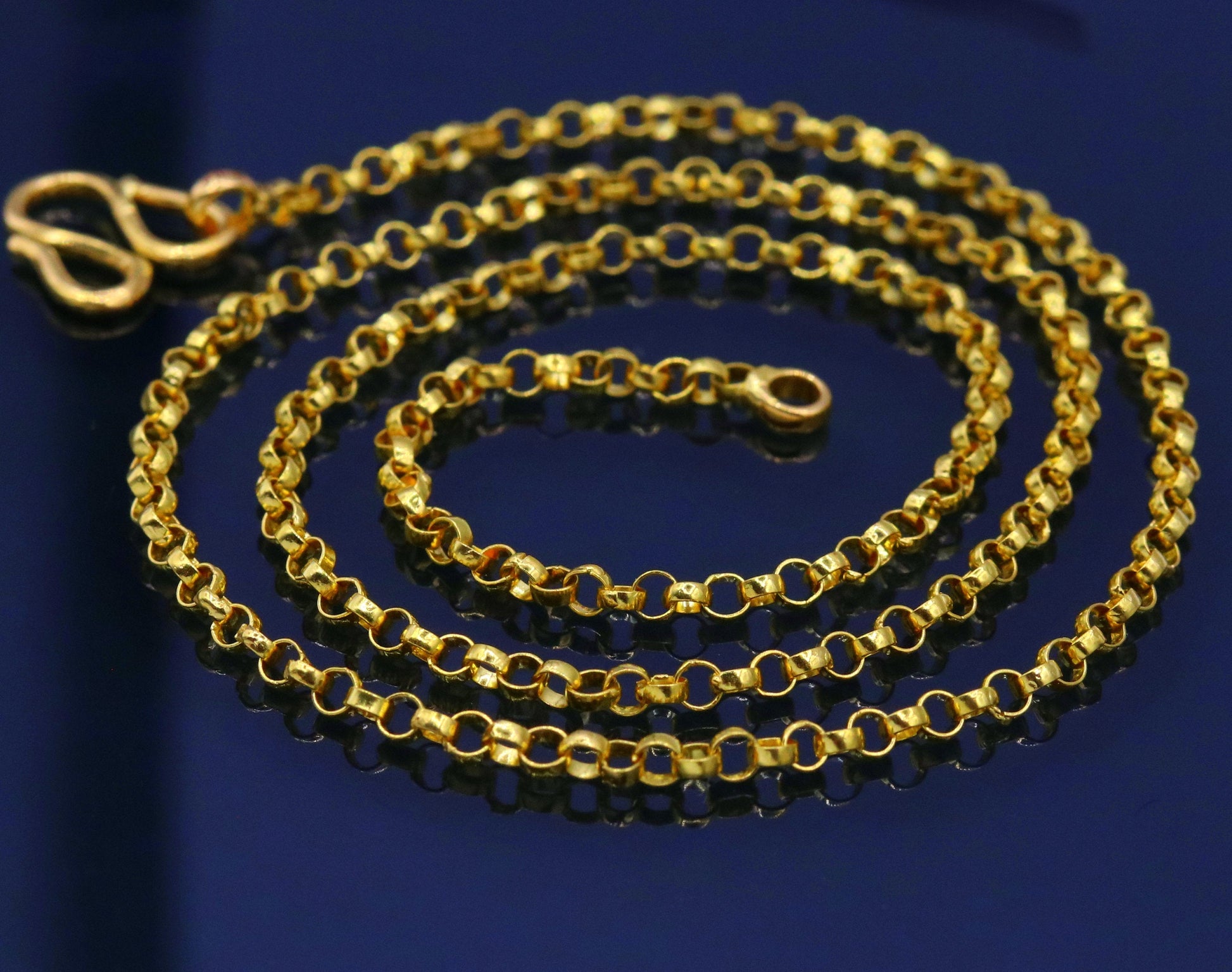 22K yellow gold handmade Rolo link chain necklace by TRIBAL ORNAMENTS, solid gold with certified 916 hallmark, gift-ready jewelry