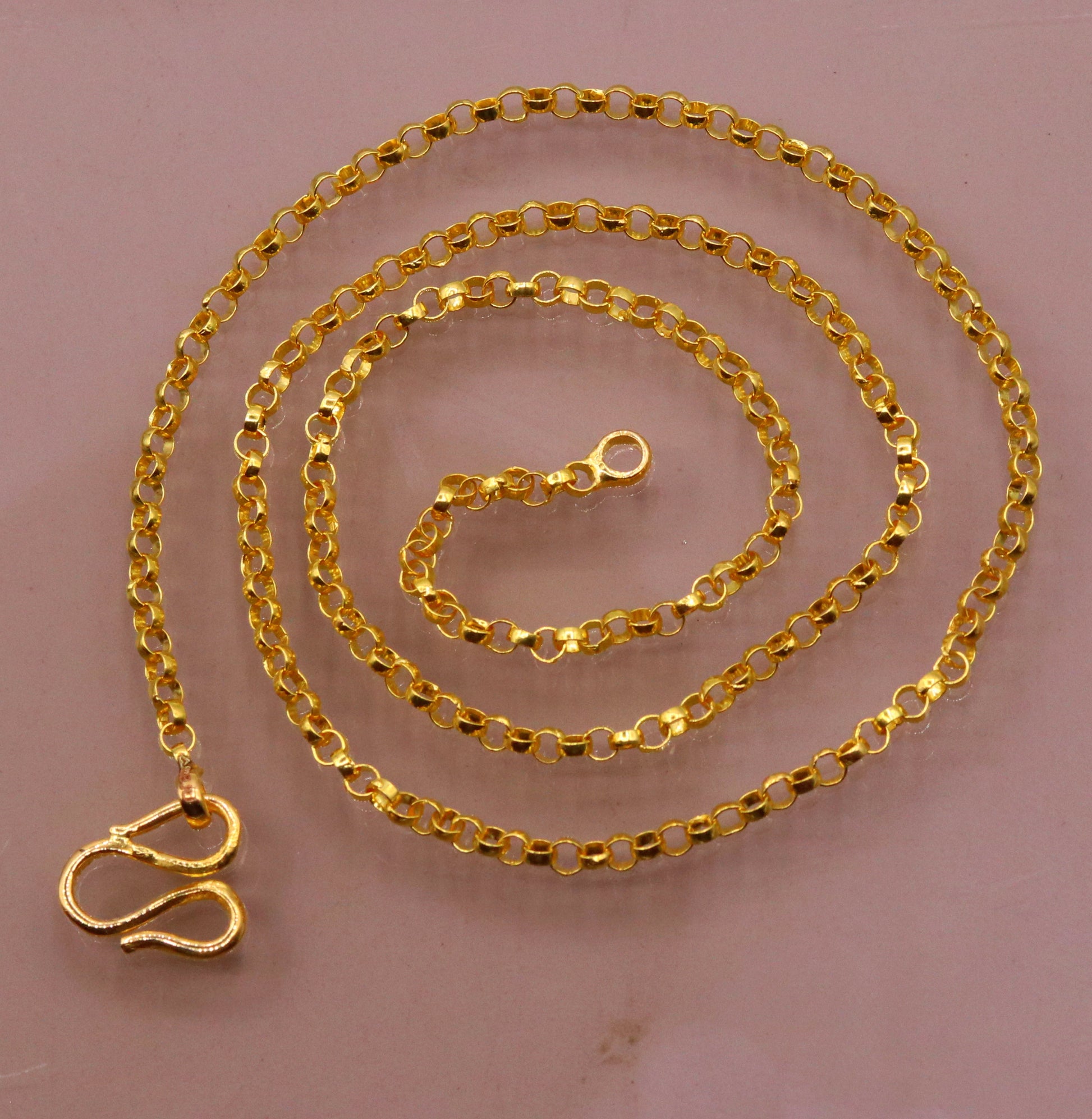 22K yellow gold handmade Rolo link chain necklace by TRIBAL ORNAMENTS, solid gold with certified 916 hallmark and elegant design