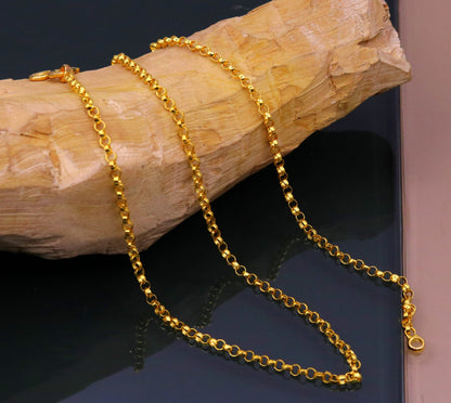 22K yellow gold handmade Rolo link chain necklace by TRIBAL ORNAMENTS, solid gold with certified 916 hallmark, gift jewelry style.