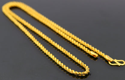 22K yellow gold handmade rope chain necklace, 3mm wide unisex gold chain with hallmarked finish, available in all lengths.