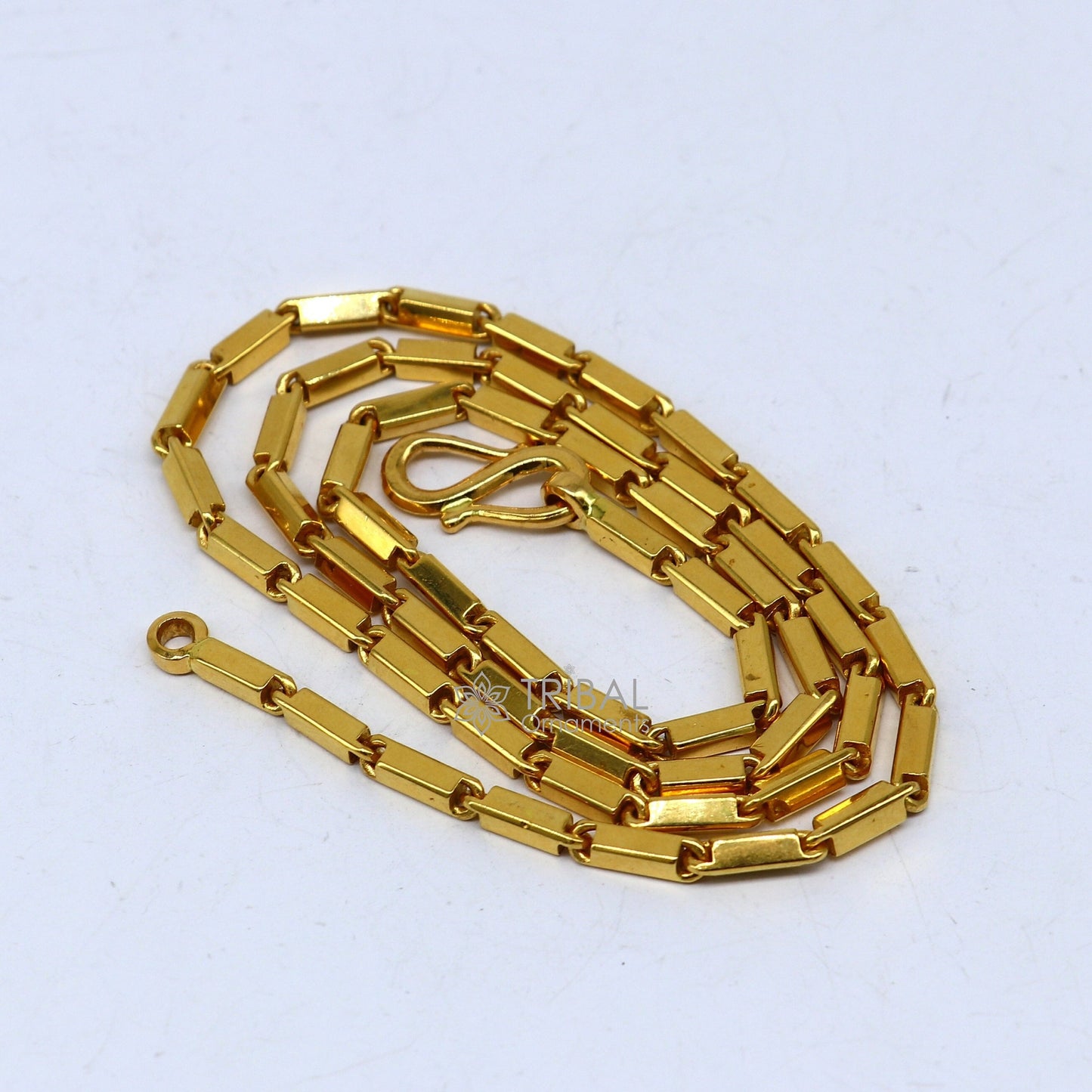 22k yellow gold handmade solid Baht chain necklace, 3mm heavy men's gold chain with traditional design, hallmarked jewelry by TRIBAL ORNAMENTS.