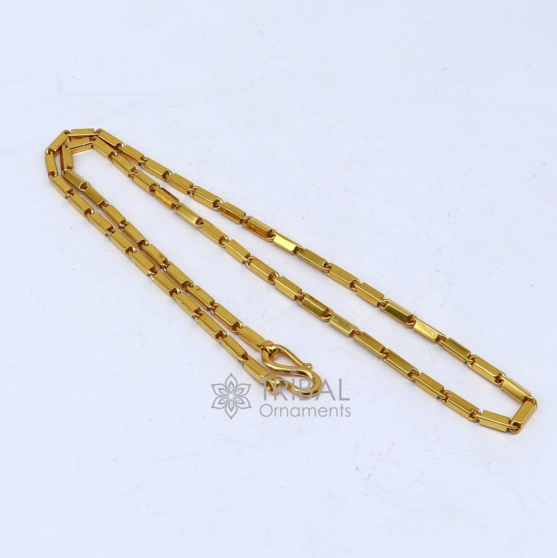 22k yellow gold handmade solid Baht bar chain necklace, 3mm heavy men's gold chain with traditional jewelry style.
