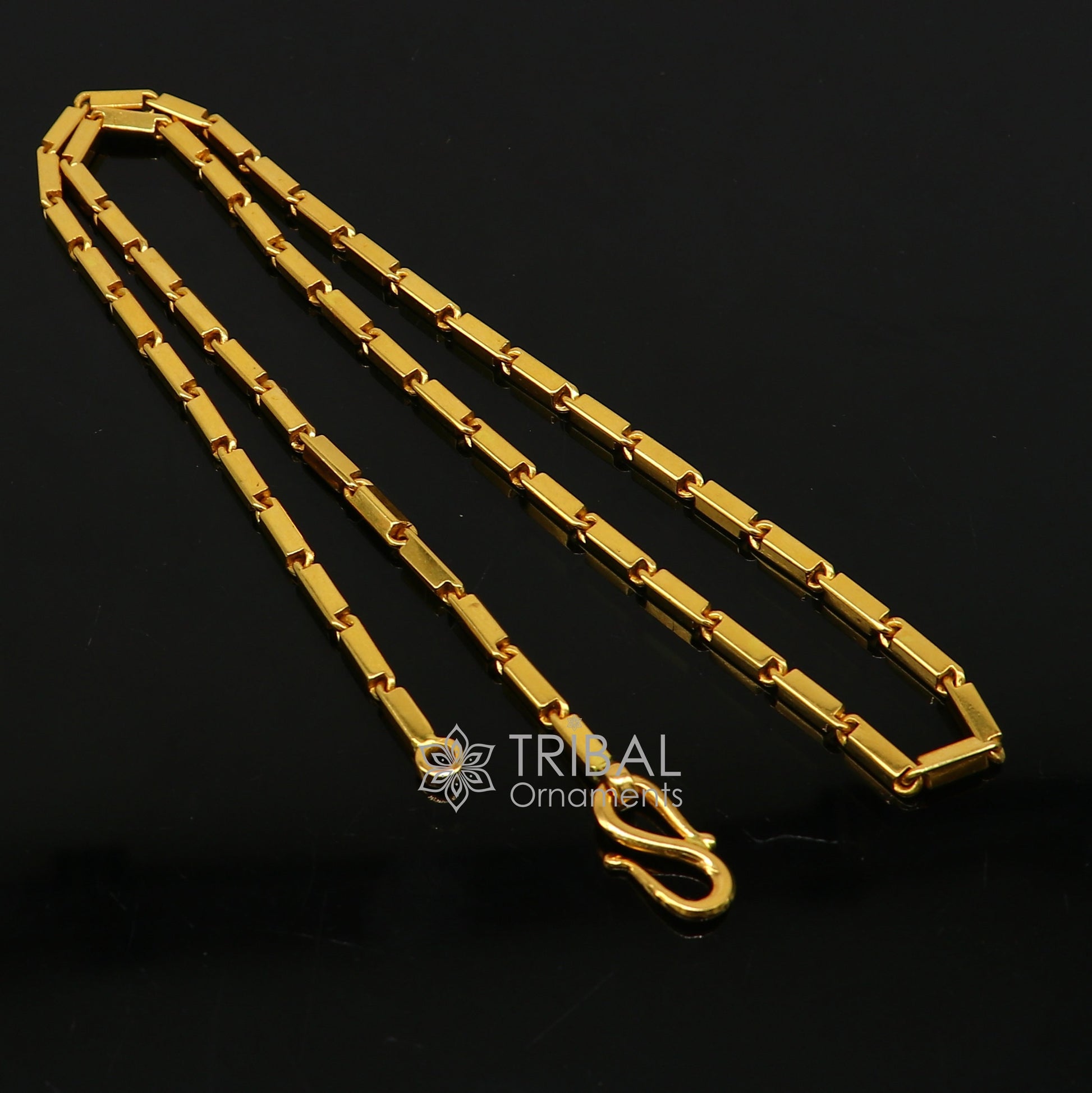 22k yellow gold handmade solid Baht chain necklace, 3mm heavy men's gold chain with hallmarked traditional jewelry style.